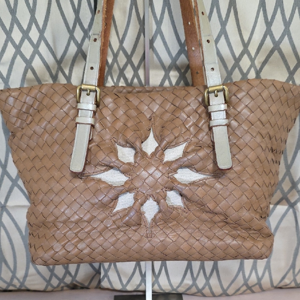 Bottega Veneta Vintage Brown Woven Tote with Cream Accents Straps